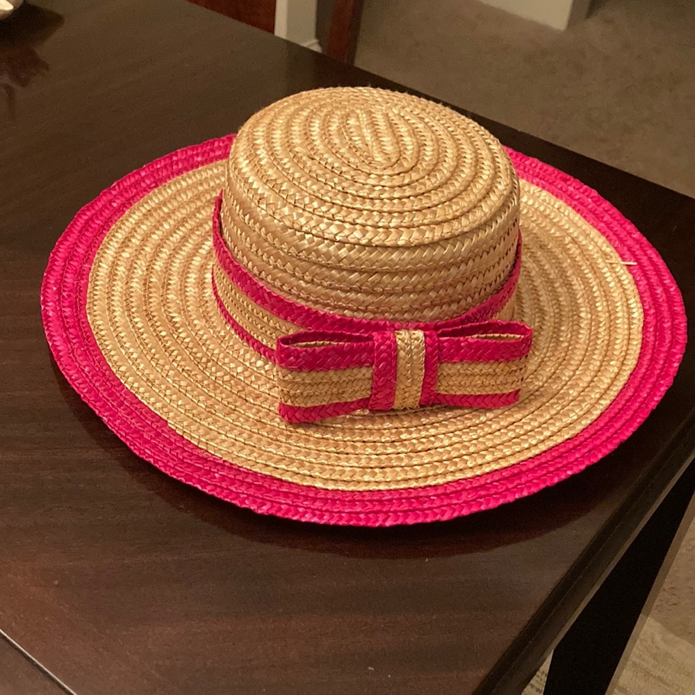 Straw Hat with Pink bow and trim